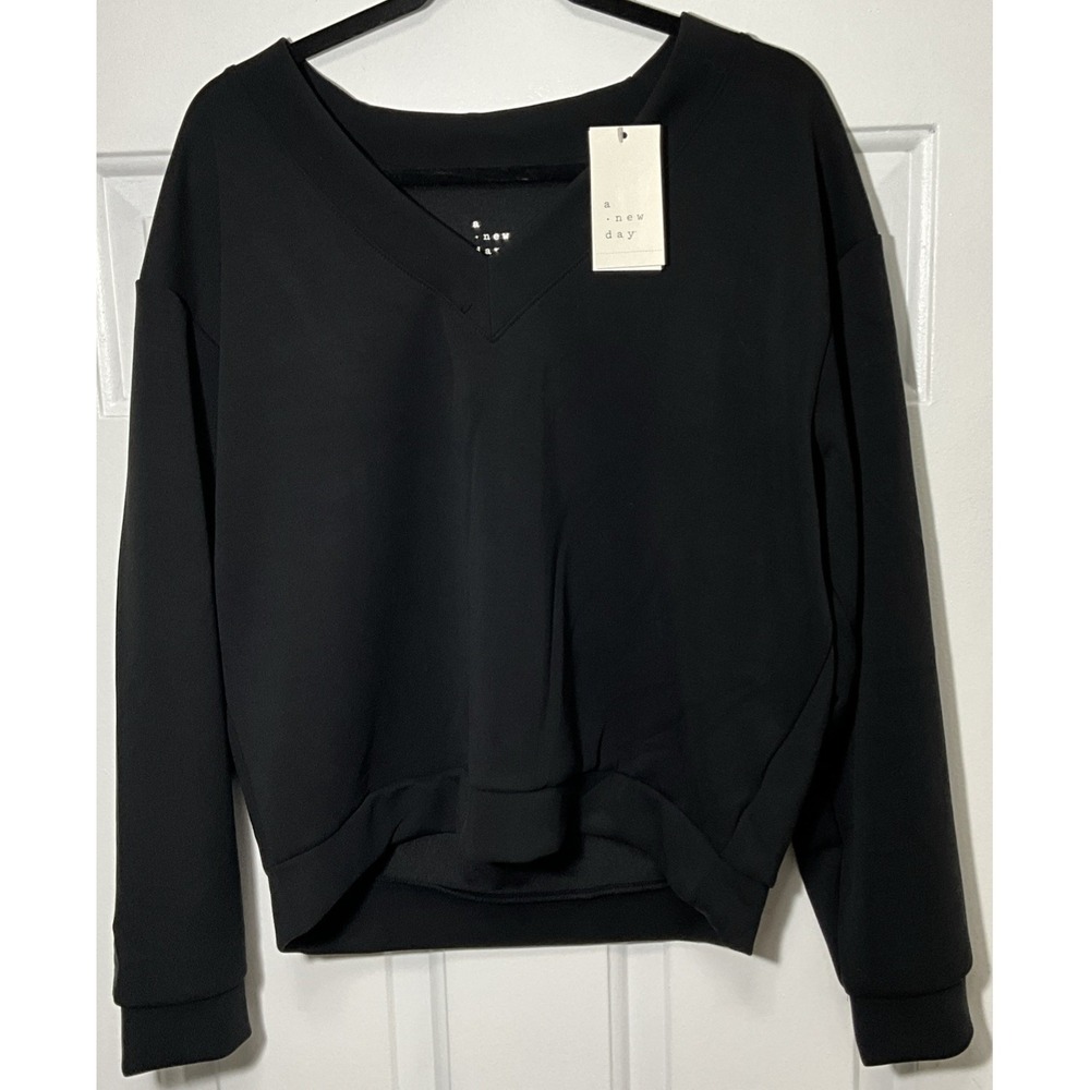 A New Day Women's Black V-Neck Pullover Sweatshirt Long Sleeve Size M
